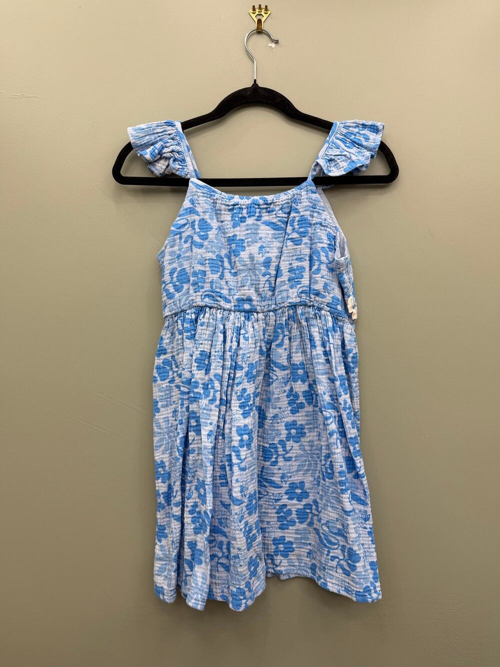 Bluey Girls XL 14 Cotton Gauze Dress Blue Floral Flutter Sleeve Hawaiian